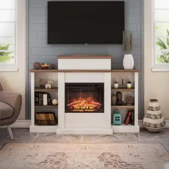 Walmart Ameriwood Home Grandview Electric Fireplace with Mantel and Bookcase, Plaster and Walnut offer