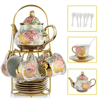 Walmart 20 Pcs Tea Set,Ceramics Tea Cup Set for Adult, Coffee Cups with Metal Holder, Gold(ANJORALA ) offer