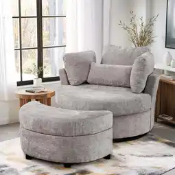 Walmart Dinosisco Oversized Swivel Accent Barrel Chair with Storage Ottoman, Chenille, Indoor, Gray offer