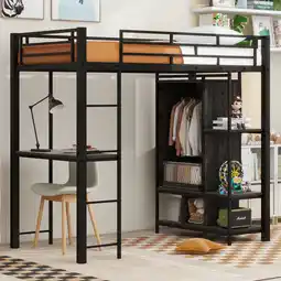 Walmart Euroco Modern Metal Twin Size Loft Bed with Desk and Wardrobe, Clothes Hanger and Shelves, Black offer