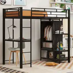 Walmart Euroco Modern Metal Twin Size Loft Bed with Desk and Wardrobe, Clothes Hanger and Shelves, Black offer