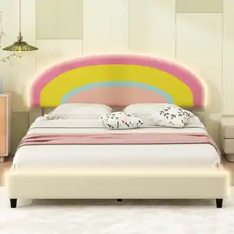 Walmart Euroco Upholstered Full Size Platform Bed with Adjustable Headboard and LED Light for Kids, Beige offer