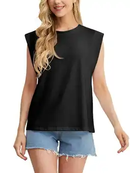 Walmart JWD Women's Top Cap Sleeve Summer Blouses Casual Crew NecK Solid Color Women's Tanks Black L offer