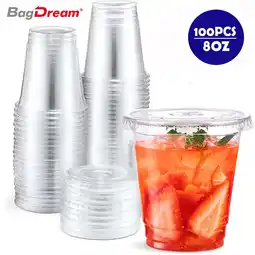 Walmart BagDream 100 Sets 8 oz Plastic Cups with Flat Lids, Disposable Clear Cups for Lids Ice Coffee Cups offer