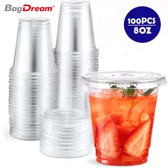 Walmart BagDream 100 Sets 8 oz Plastic Cups with Flat Lids, Disposable Clear Cups for Lids Ice Coffee Cups offer