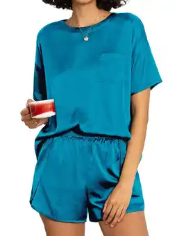 Walmart MINTREUS Women's Pajama Set Short Sleeved Silk Satin Pajama Set Soft Shirt Paired with Casual Shorts offer