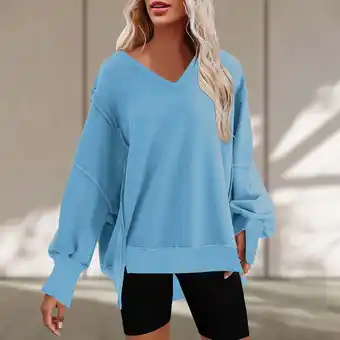 Walmart uublik Sweatshirt for Women Light Blue V Neck Long Sleeve Casual Pullover Sweatshirt Tops offer