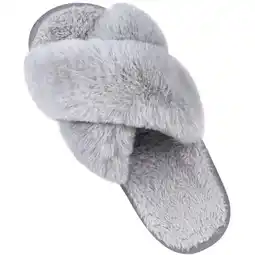 Walmart Litfun Women's Fuzzy Slippers Plush Cross Band Open Toe House Thick Sole Slippers, Grey, Size 7-8 offer