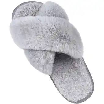 Walmart Litfun Women's Fuzzy Slippers Plush Cross Band Open Toe House Thick Sole Slippers, Grey, Size 7-8 offer