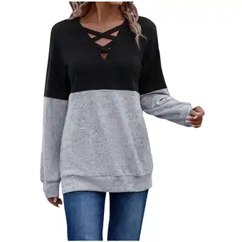 Walmart Fouhkni Long Sleeve Shirts for Women V Neck Hollow out Color Block Fall Casual Tunic Tops offer