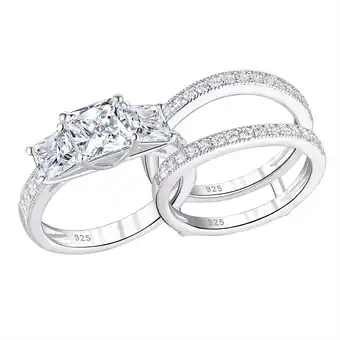 Walmart SHELOVES Three-Stone Princess Cut AAAAA Cz Wedding Rings Set Ring Enhancers 925 Sterling Silver Sz 7 offer