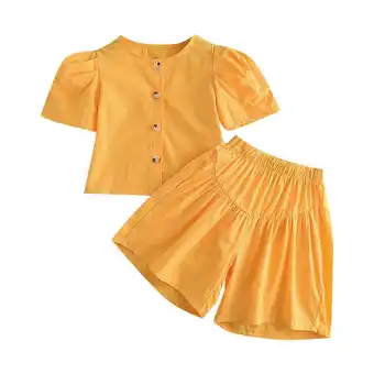 Walmart Toddler Girls Two Piece Solid Color Short Sleeve Top With Button And Yellow Elasticated Shorts offer