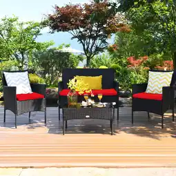 Walmart Costway 4PCS Rattan Patio Furniture Set Cushioned Sofa Chair Coffee Table Red offer