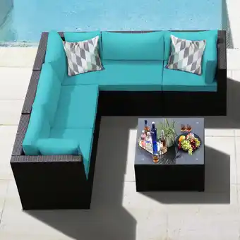 Walmart Gymax 6PCS Rattan Patio Sectional Sofa Conversation Set Outdoor w/ Turquoise Cushions offer