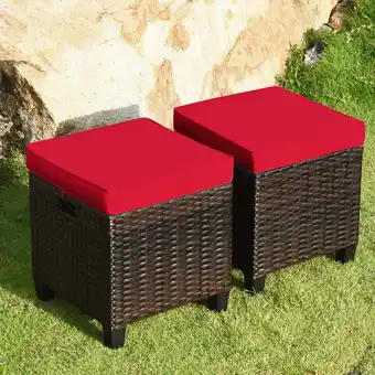 Walmart Gymax Set of 2 Patio Rattan Ottoman Footrest Garden Outdoor w/ Red Cushion offer