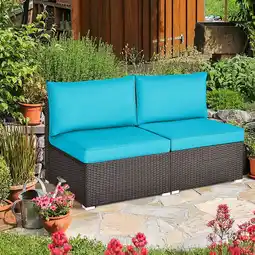 Walmart Gymax 2PCS Patio Wicker Rattan Sectional Armless Chair Sofa w/ Turquoise Cushion offer