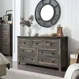 Walmart OKD Farmhouse 7 Drawers Dresser Storage Cabinet for Living Room Bedroom, Dark Rustic Oak offer