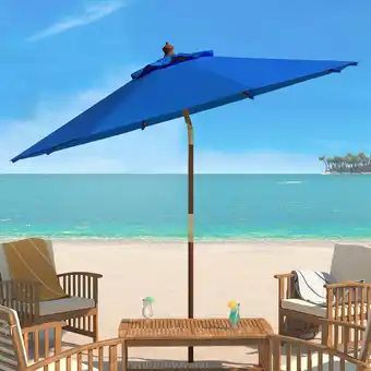 Walmart SAFAVIEH Cannes 9' Market Push Wooden Patio Umbrella, Pacific Blue offer