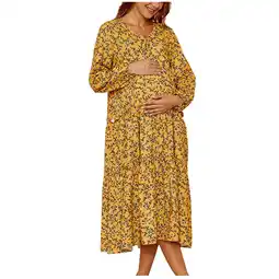 Walmart Odeerbi Maternity Dress Womens Fashion 2024 Casual Mid-waist V-neck Midi Skirt Print Dress Yellow offer