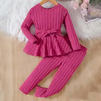 Walmart Toddler Kids Kids Girls Fashion Cute Solid Color Long Sleeved Top Belt Pants Set Hot Pink 9 Years offer