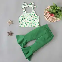 Walmart Girls Round-Neck Printing Tank Top+Flare Pants Two-piece Set Green 18-24 Months offer