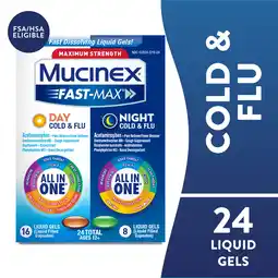 Walmart Mucinex Fast-Max Day Cold & Flu & Night Cold & Flu Medicine, OTC Cough Relief, 24 Liquid Gels offer