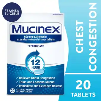 Walmart Mucinex 12 Hour Expectorant, OTC Medicine for Excess Mucus Relief, Chest Congestion, FSA, 20 Tablets offer