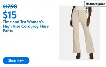 Walmart Time and Tru Women's High Rise Corduroy Flare Pants offer