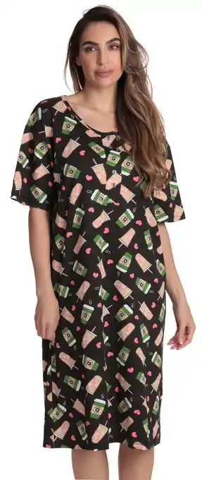 Walmart Just Love Short Sleeve Nightgown Sleep Dress for Women (Black - Coffee Craze, Small) offer