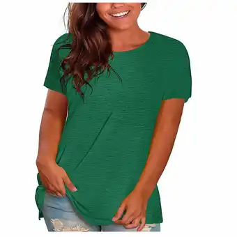 Walmart Borniu Women's Plus Size Tops Summer Casual Round Neck Solid Color T Shirts Blouse Tops S-5XL Green offer