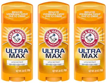 Walmart ARM & HAMMER ULTRAMAX Anti-Perspirant Deodorant Solid Unscented, 2.6 Ounce (Pack of 3) offer