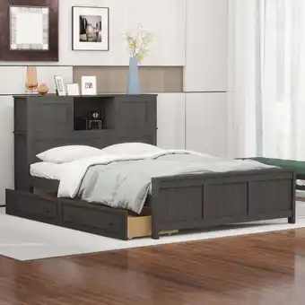 Walmart Euroco Wood Full Size Platform Bed with Storage Headboard and 2 Drawers, Sliding Door for Kids, Gray offer