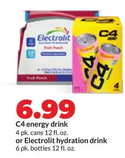 Hy-Vee C4 energy drink 4 pk. cans 12 fl. oz. or Electrolit hydration drink 6 pk. bottles 12 fl. oz offer