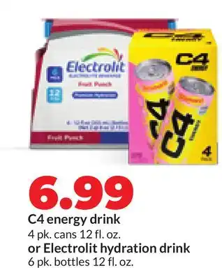 Hy-Vee C4 energy drink 4 pk. cans 12 fl. oz. or Electrolit hydration drink 6 pk. bottles 12 fl. oz offer