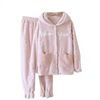 Walmart Pajamas For Women Set Flannel Hooded -Fleece Winter Soft Warm Womens Pajama Sets,Pink,L offer