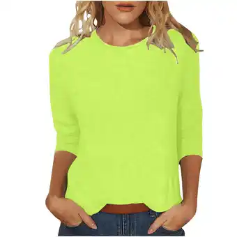 Walmart WNEGSTG 3/4 Sleeve Shirts for Women Solid Color Round Neck Slim T Shirt Basic Top Green offer