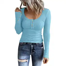 Walmart KDFJPTH Women Long Sleeve Henley T Shirts Button Down Slim Fit Tops Scoop Neck Ribbed Knit Shirts offer