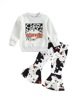 Walmart Douhoow 2Pcs Toddler Girl Fall Clothes,Long Sleeve Cow Print Pullover+Tie Dye Flare Pants offer