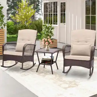 Walmart Costway 3 PCS Patio Rocker Set Outdoor Wicker Rocking Chairs with Double-Layer Coffee Table Beige offer