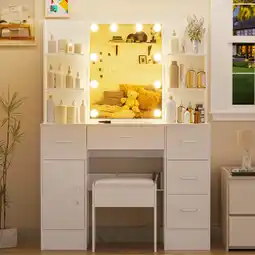 Walmart Ciumeeo Bedroom Dresser Desk White Makeup Dressing Table Vanity Set LED Mirror and Stool offer