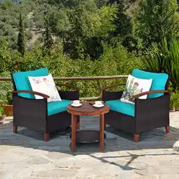 Walmart Gymax 3PCS Patio Wicker Rattan Conversation Set Outdoor Furniture Set w/ Turquoise Cushion offer