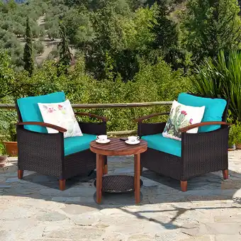 Walmart Gymax 3PCS Patio Wicker Rattan Conversation Set Outdoor Furniture Set w/ Turquoise Cushion offer