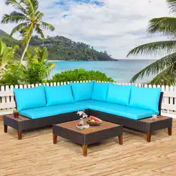 Walmart Costway 4PCS Patio Rattan Furniture Set Loveseat w/Wooden Side Table Cushioned Turquoise offer