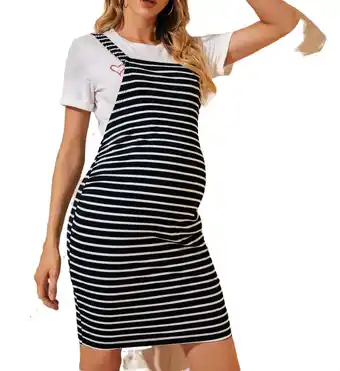 Walmart Casual Striped Print Straps Pinafore Sleeveless Black and White Maternity Dresses (Maternity's) offer