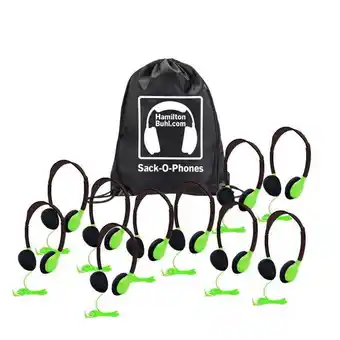 Walmart HamiltonBuhl Sack-O-Phones, 10 Personal Headphones in a Carry Bag, Green offer