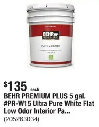 The Home Depot BEHR PREMIUM PLUS 5 gal. #PR-W15 Ultra Pure White Flat Low Odor Interior offer