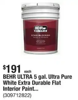 The Home Depot BEHR ULTRA 5 gal. Ultra Pure White Extra Durable Flat Interior Paint offer