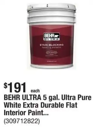 The Home Depot BEHR ULTRA 5 gal. Ultra Pure White Extra Durable Flat Interior Paint offer