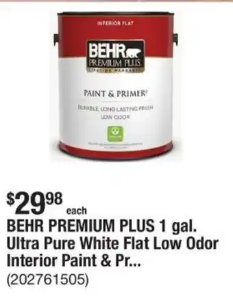 The Home Depot BEHR PREMIUM PLUS 1 gal. Ultra Pure White Flat Low Odor Interior Paint offer