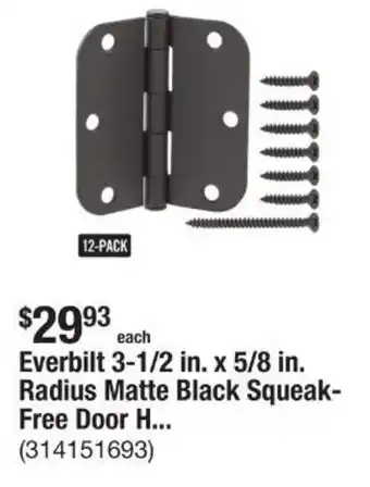 The Home Depot Everbilt 3-1/2 in. x 5/8 in. Radius Matte Black Squeak- Free Door H offer